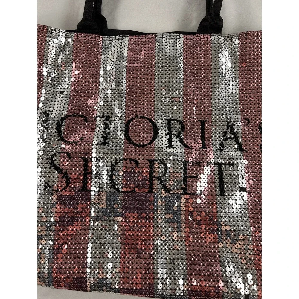 Victoria's Secret Pink Silver Sequin‎ Stripe Tote Bag Large Zip Top Shopper